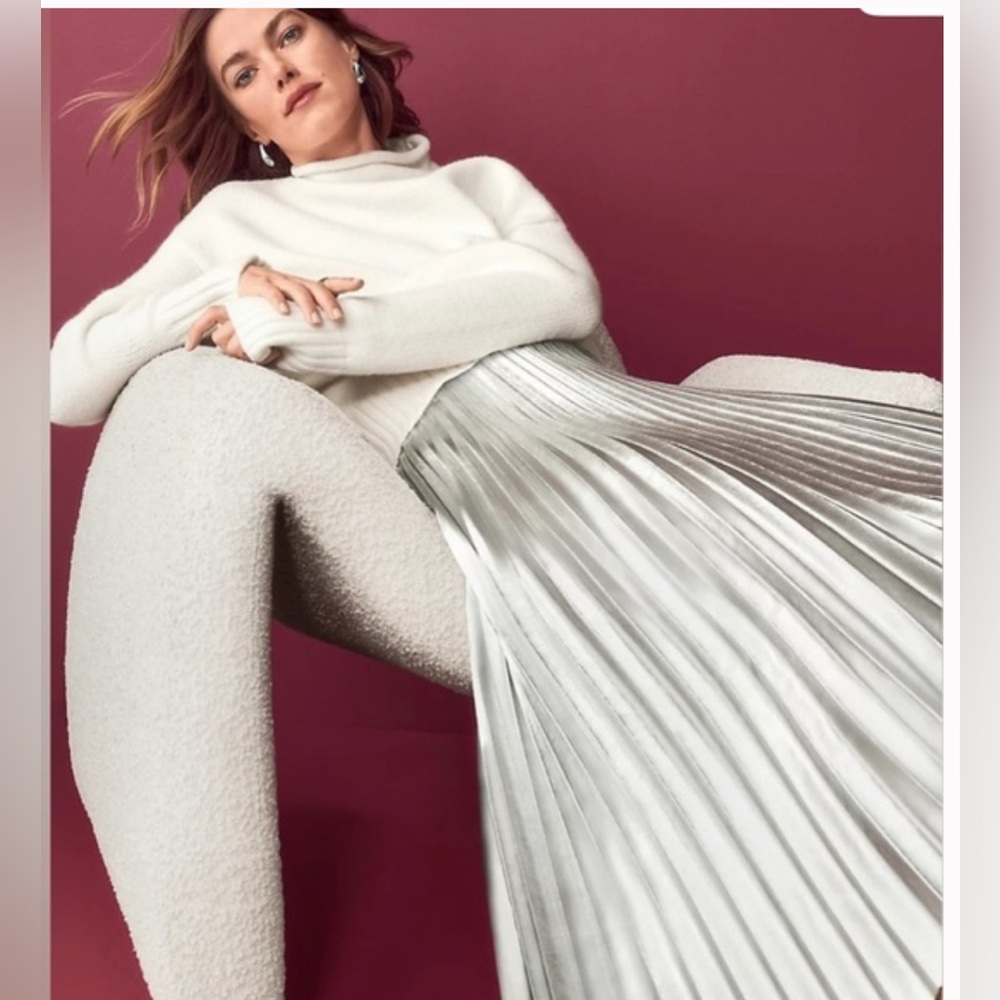 Ann Taylor Metallic Shiny Silver Pleated Midi Skirt with flare bottom - Picture 7 of 13